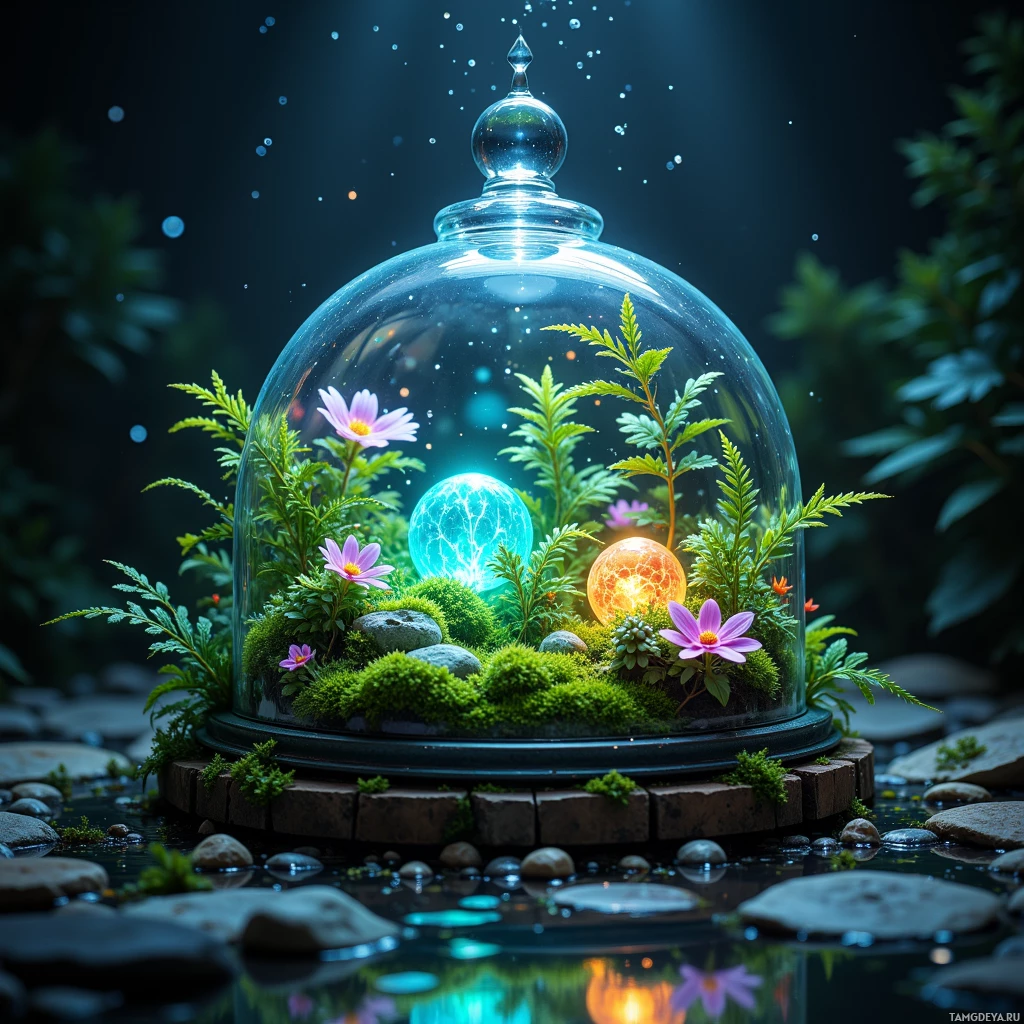 Semi-abstract image with many light, that is suitable for the post:  Tiny self‑watering terrarium featuring a crystal glass dome, a lush moss bed, delicate ferns, bioluminescent algae glowing softly with shifting colors, a whisper‑quiet fan, small solar panels, and an embedded humidity sensor.