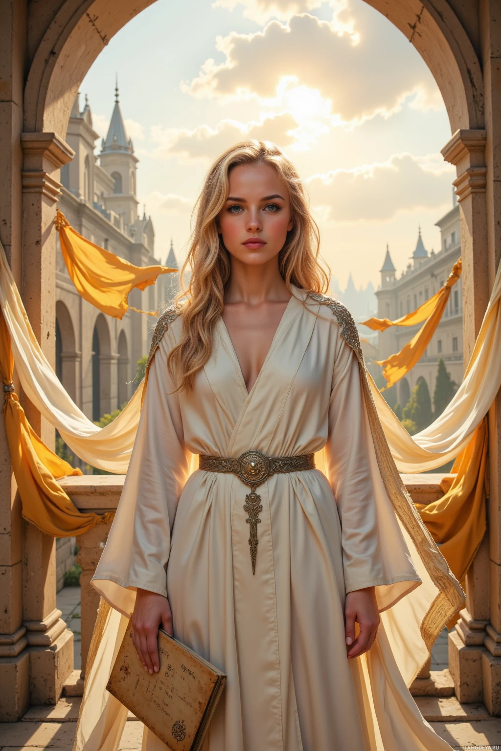 Realistic high quality photo. A radiant golden‑brown‑skinned woman in her thirties, platinum blonde braids and piercing blue eyes, wearing flowing white robes with silver embroidery, stands on a sunlit stone balcony at dawn with golden banners unfurling, while a young scribe with bright eyes holds an ancient parchment before her, both exuding confident authority and gentle determination.