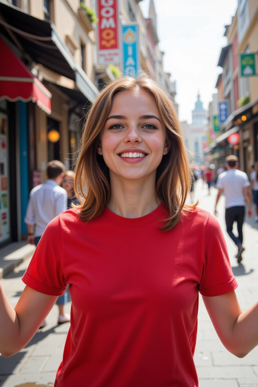 Realistic high quality photo. Female, 24, chestnut mid‑length hair, bright blue eyes, wearing a red t‑shirt, smiling broadly, dancing on a city street at noon while a street vendor plays salsa music, sunlight glints on a puddle, colorful storefronts around her, her vibrant, hopeful energy radiating.