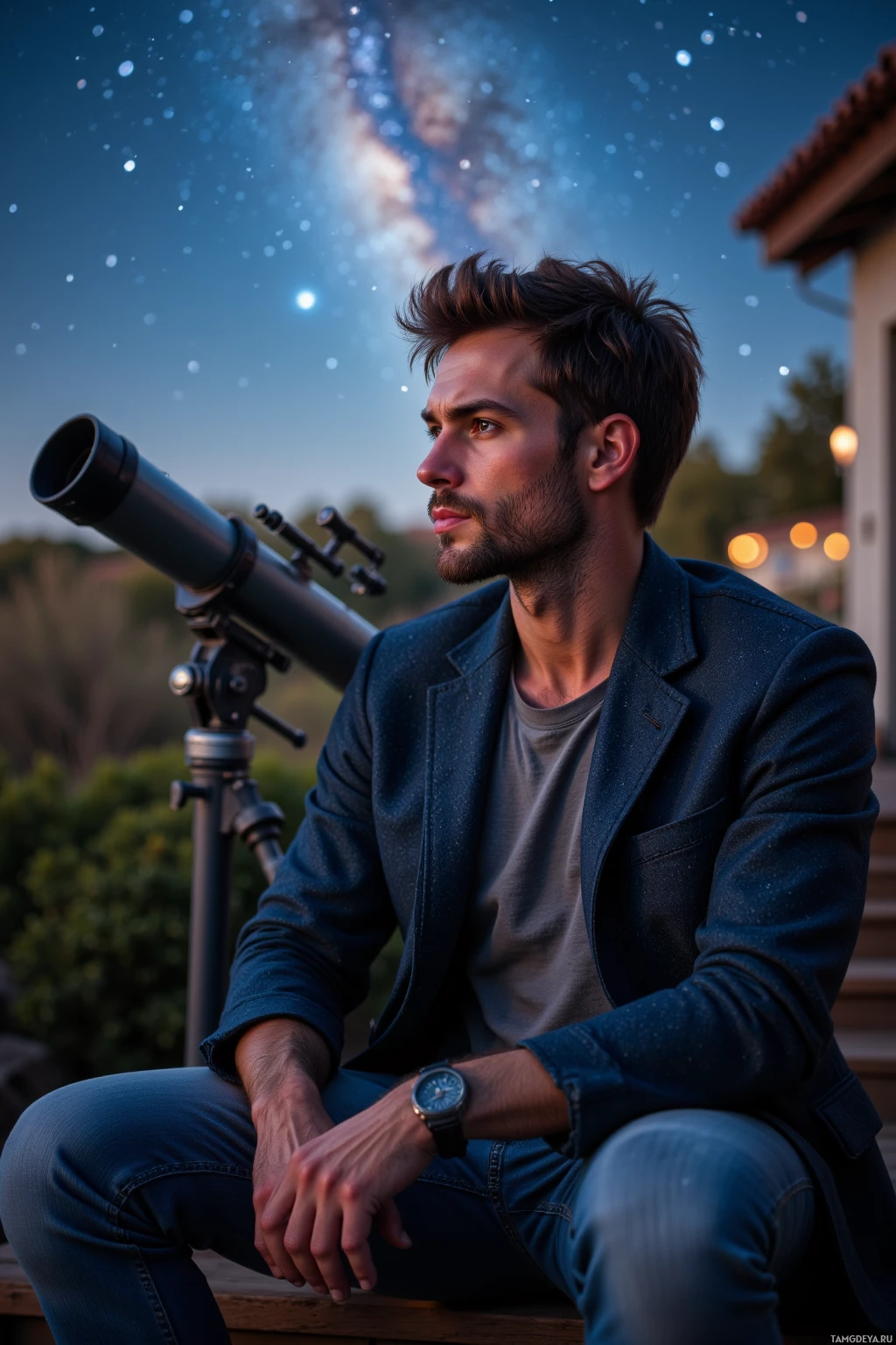 Realistic high quality photo. A 32‑year‑old lean man with messy dark hair, bright blue eyes, wearing a casual blazer over a t‑shirt and jeans, sits on a wooden patio in the late evening, his old worn telescope pointed toward the western horizon where the Milky Way arches across a clear night sky, faint light from the Orion Nebula illuminating his thoughtful face.