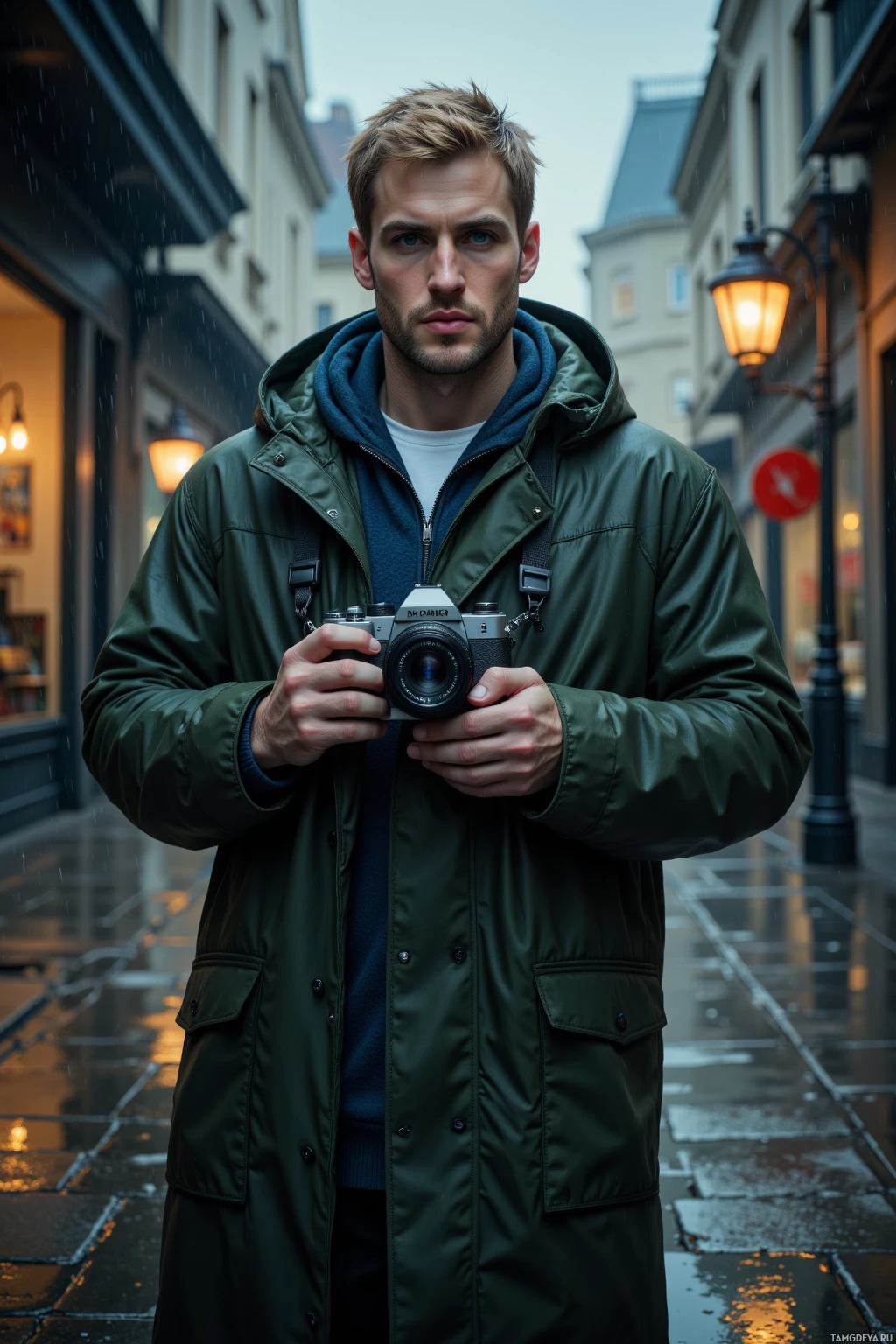 Realistic high quality photo. Man with short blonde hair, blue eyes, pale skin, wearing a dark green raincoat over a white shirt and rubber boots, standing on cracked asphalt at dusk, holding a camera with fingers wrapped around a cold metal shutter, a flickering old streetlamp casting shadows in a rainy city street.