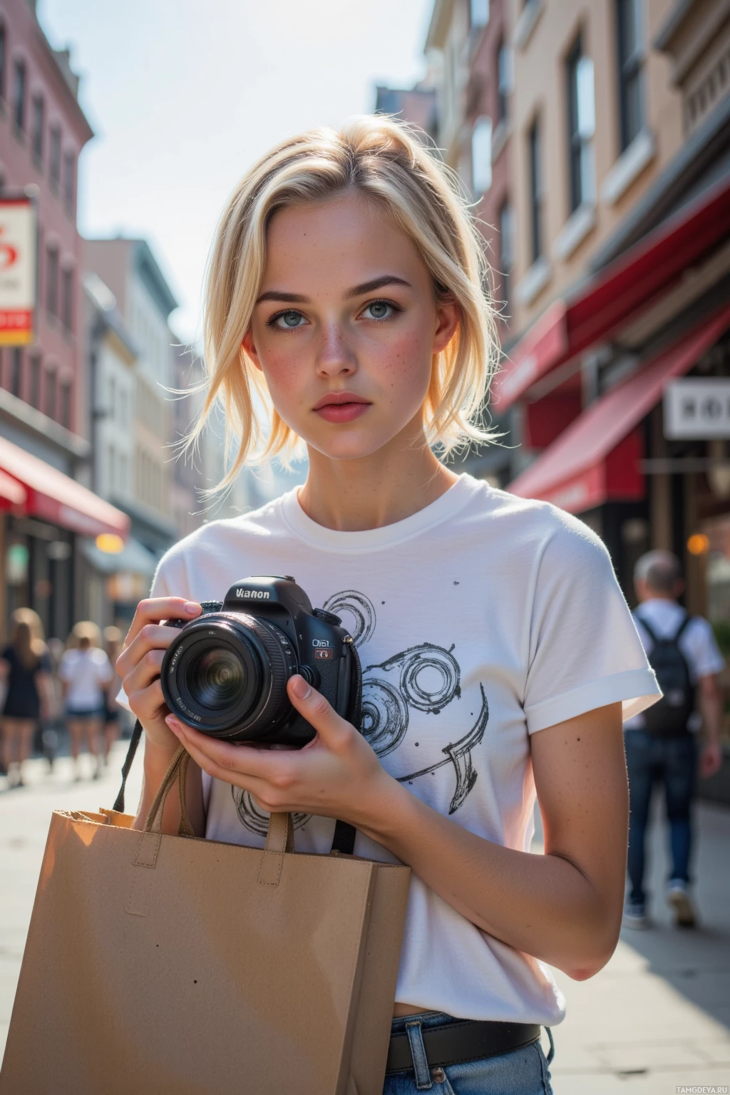 Realistic high quality photo. Female, 28, short blonde hair, blue eyes, freckles, wearing a white graphic t‑shirt and jeans, holding a DSLR camera shopping bag, standing on a late afternoon city street with buildings outlined like a comic strip, looking at a 24mm lens in the bag, camera ready to shoot.