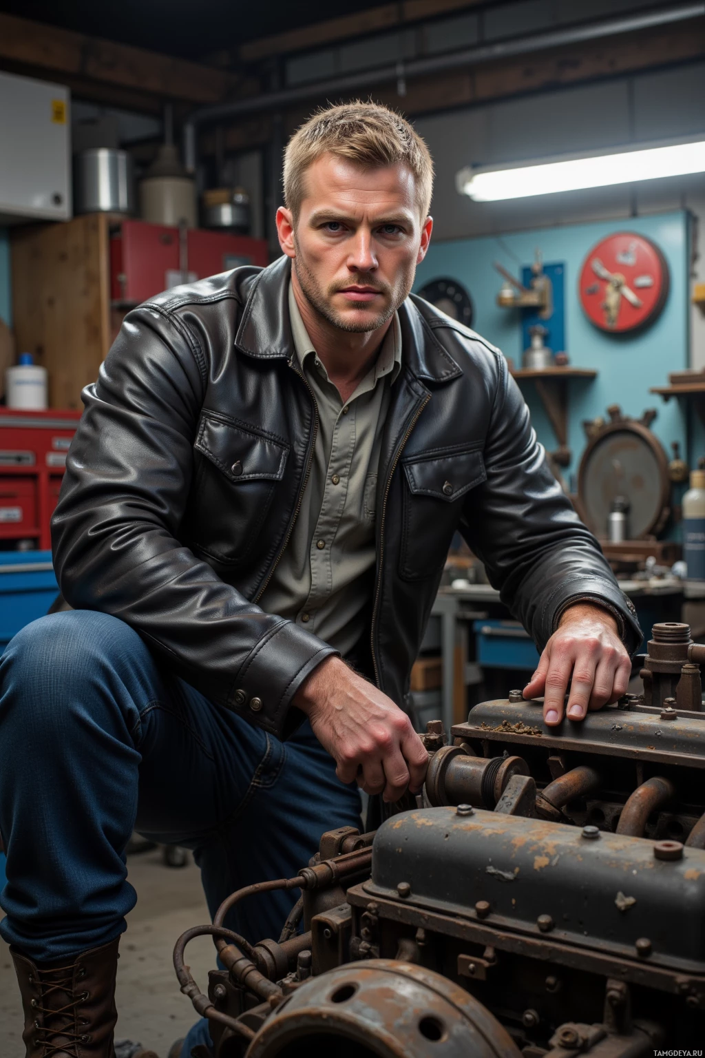 Realistic high quality photo. A rugged 32-year-old mechanic with short‑cropped blonde hair, blue eyes, strong jawline, wearing a leather jacket, plain shirt, and durable boots, tightening a bolt on an old truck engine in a cluttered workshop with a toolbox and bright overhead lights.