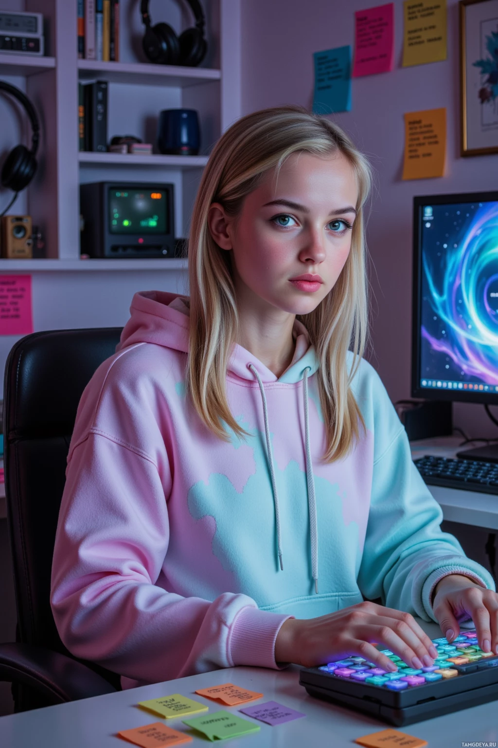Realistic high quality photo. Female 26, long blonde hair, bright blue eyes, wearing a fitted pastel hoodie and white cargo pants, sits with fingers hovering over a glowing keyboard in a cluttered apartment of obsolete headsets, an old XP boot screen flickering, dozens of colored Post‑It notes fluttering, while a nebula‑like ambient glow from her humming rendering engine illuminates her as she tweaks a jellyfish shader and debates AI ethics on a monitor.