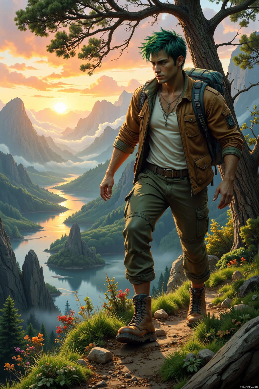 Realistic high quality photo. A 18‑year‑old green‑skinned man with messy green hair, bright green eyes, light agile build, wearing a rugged leather jacket over a white tank top, dark green cargo pants, sturdy boots and a tool‑laden backpack, leaping over moss‑covered bark on a sunset‑lit ridge while an ancient pine presses against his back, chasing the echo of a hidden stream into a misty valley.