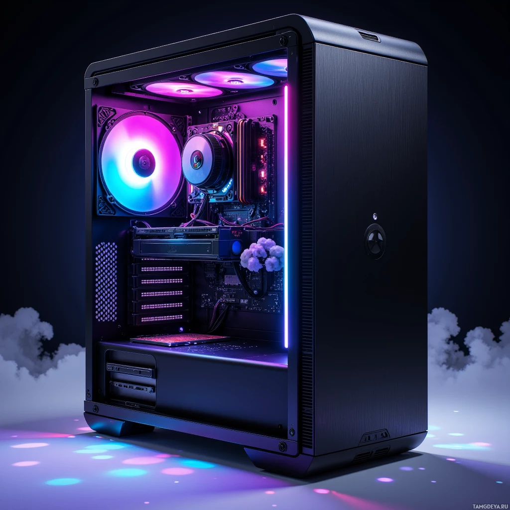 Semi-abstract image with many light, that is suitable for the post:  Modular mini PC TitanBox 2.0 with matte black chassis, pulsing RGB lighting, detachable 27″ OLED display, liquid‑metal GPU bay, AI‑tuned cooling system, and a sleek touch‑pad hub.