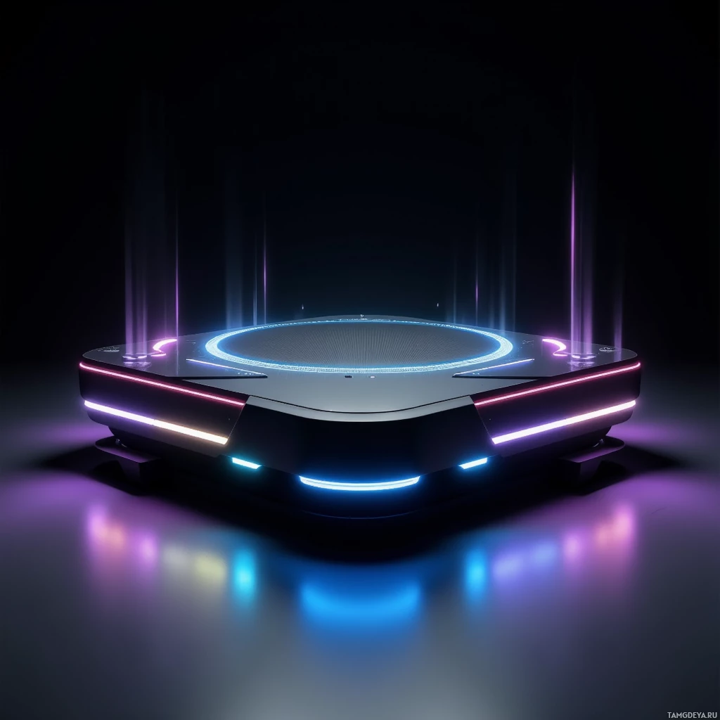 Semi-abstract image with many light, that is suitable for the post:  A sleek magnetic levitation treadmill floating midair, with a smooth black surface, an array of white sensors, and pulsing multicolored LED patterns glowing around its edges, illuminated against a dark background.