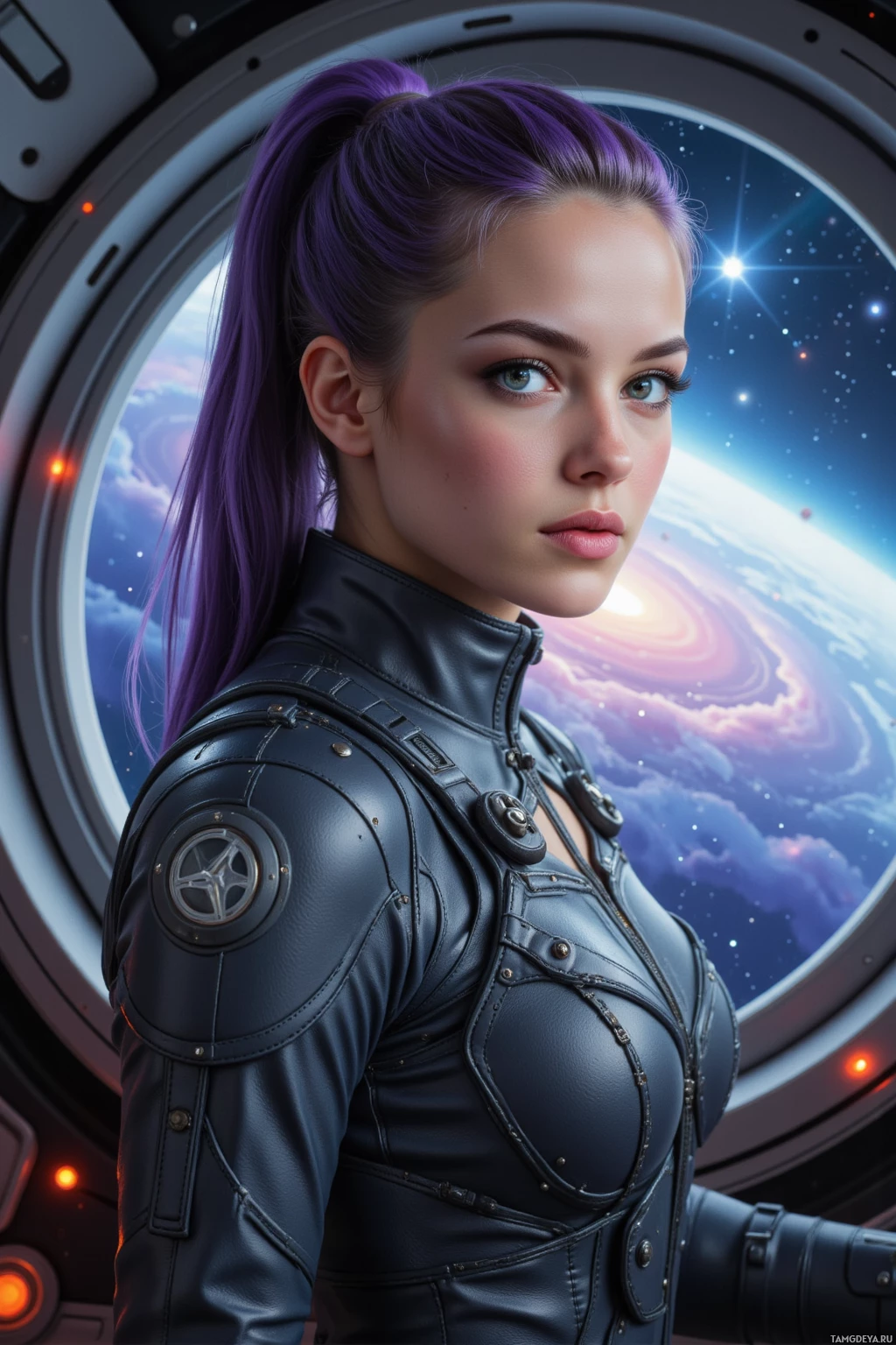 Realistic high quality photo. Female 28-year-old space pilot with purple ponytail, one sharp blue eye, sleek visor, dark‑gray flight suit with padded segments and metallic clasps, utility belt and shoulder‑mounted comms, standing confidently in a ship cockpit, fingers gripping control panels as a swirling nebula and star field fill the viewport, engine lights pulsing softly, futuristic interior lighting.