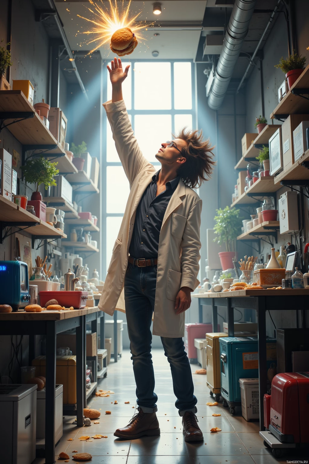Realistic high quality photo. Chaotic modern hallway converted into a makeshift physics lab, a wild-haired 34‑year‑old man in a slightly wrinkled white lab coat operating a catapult that hurls a sandwich upward, a toaster with a glowing indicator, a Wi‑Fi router with animated glowing symbols, scattered lab equipment, and sunlight streaming through a narrow window.
