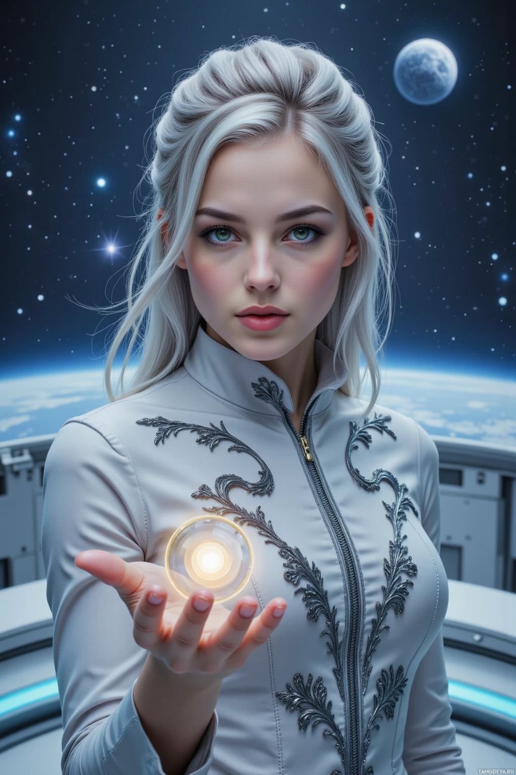Realistic high quality photo. A 35‑year‑old woman with cascading silver hair in a sleek up‑do, green eyes, porcelain skin, wearing a fitted high‑collared gown with silver embroidery, stands on a translucent orbital platform amid a silent galaxy, her hand hovering over a glowing holographic interface while a distant exoplanet casts a gentle light, her posture calm and composed as she balances strategic calculations with subtle empathy.