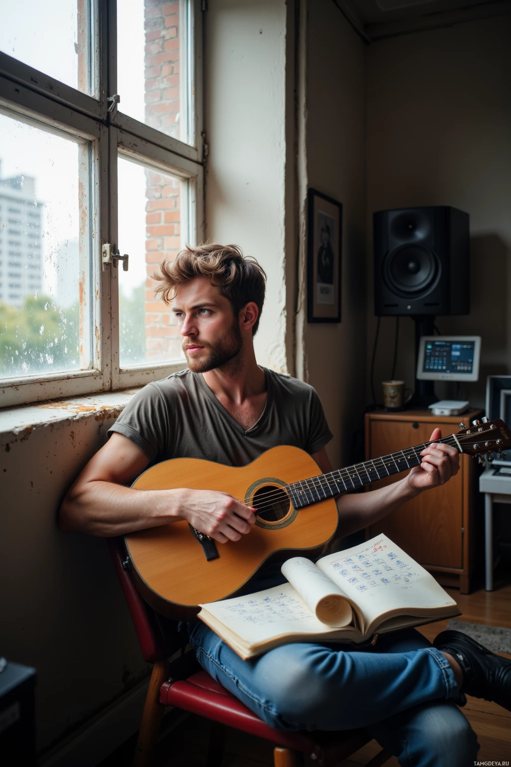 Realistic high quality photo. A 26‑year‑old man with tousled light brown hair, blue eyes, pale skin, scruffy beard, wearing a faded t‑shirt and jeans, sits by a dusty window in a modern studio apartment, staring out with a half‑smile, a guitar resting on his lap, a notepad with chord sheets, a coffee mug, and a recording console in the background, late afternoon light filtering through the blinds, capturing his restless urge to write and his creative fatigue.
