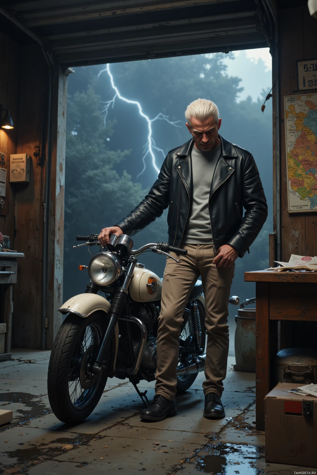 Realistic high quality photo. A 28‑year‑old man with white slicked‑back hair, pale skin, blue eyes, wearing a fitted black leather jacket over a grey shirt and scuffed light‑brown pants, stands in a dim garage beside a rusted 1963 map and a vintage matchbox motorcycle, checking the carburetor as a silent thunderstorm rages outside and puddles glisten on the cracked concrete floor.