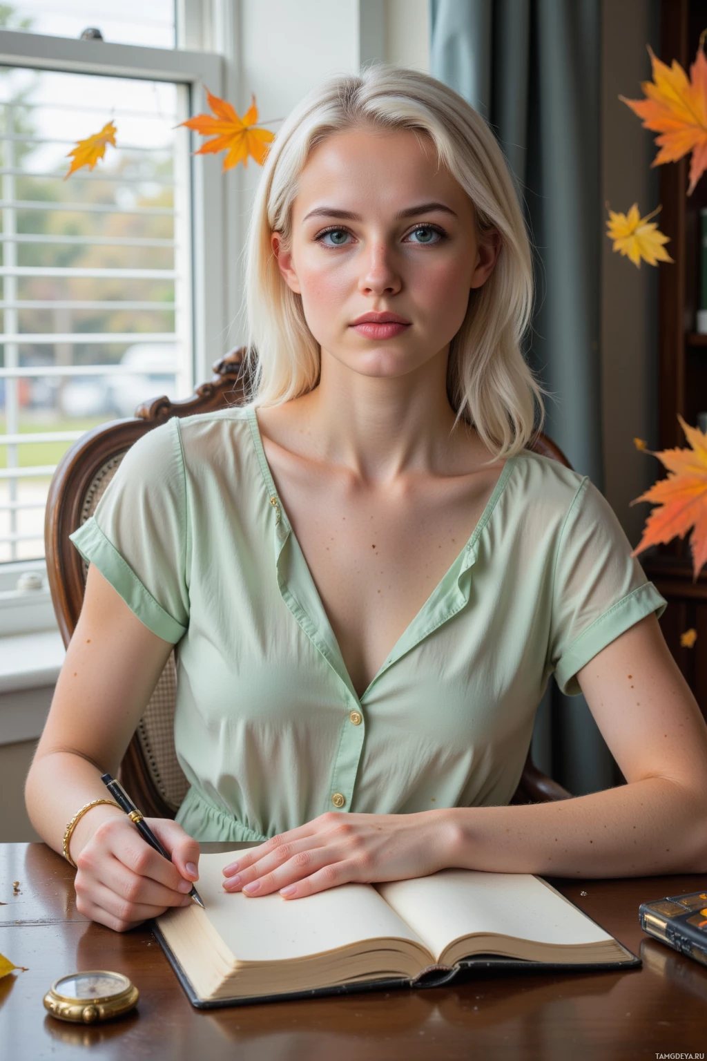 Realistic high quality photo. A 29‑year‑old woman with shoulder‑length white hair, blue eyes, pale skin, wearing a light pastel dress and simple jewelry, sits at a desk by a window with blinds, morning light filtering in, writing in a worn notebook while an old watch sits beside her, with autumn leaves falling outside, modern realism.