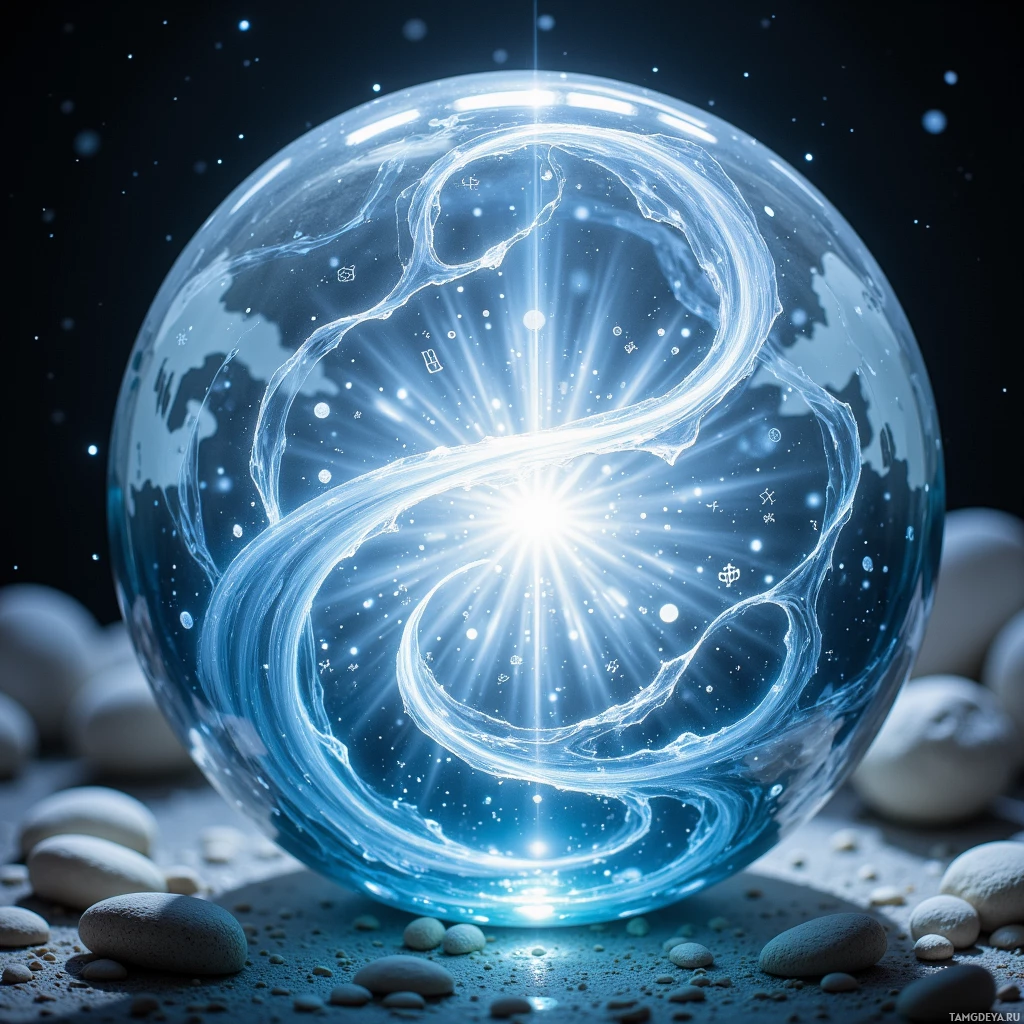 Semi-abstract image with many light, that is suitable for the post:  Translucent moonstone glass orb with a swirling rippling surface, faint silver thread spiraling from its center, glowing runic inscriptions pulsing softly, shimmering like a calm pond, polished glass edges.