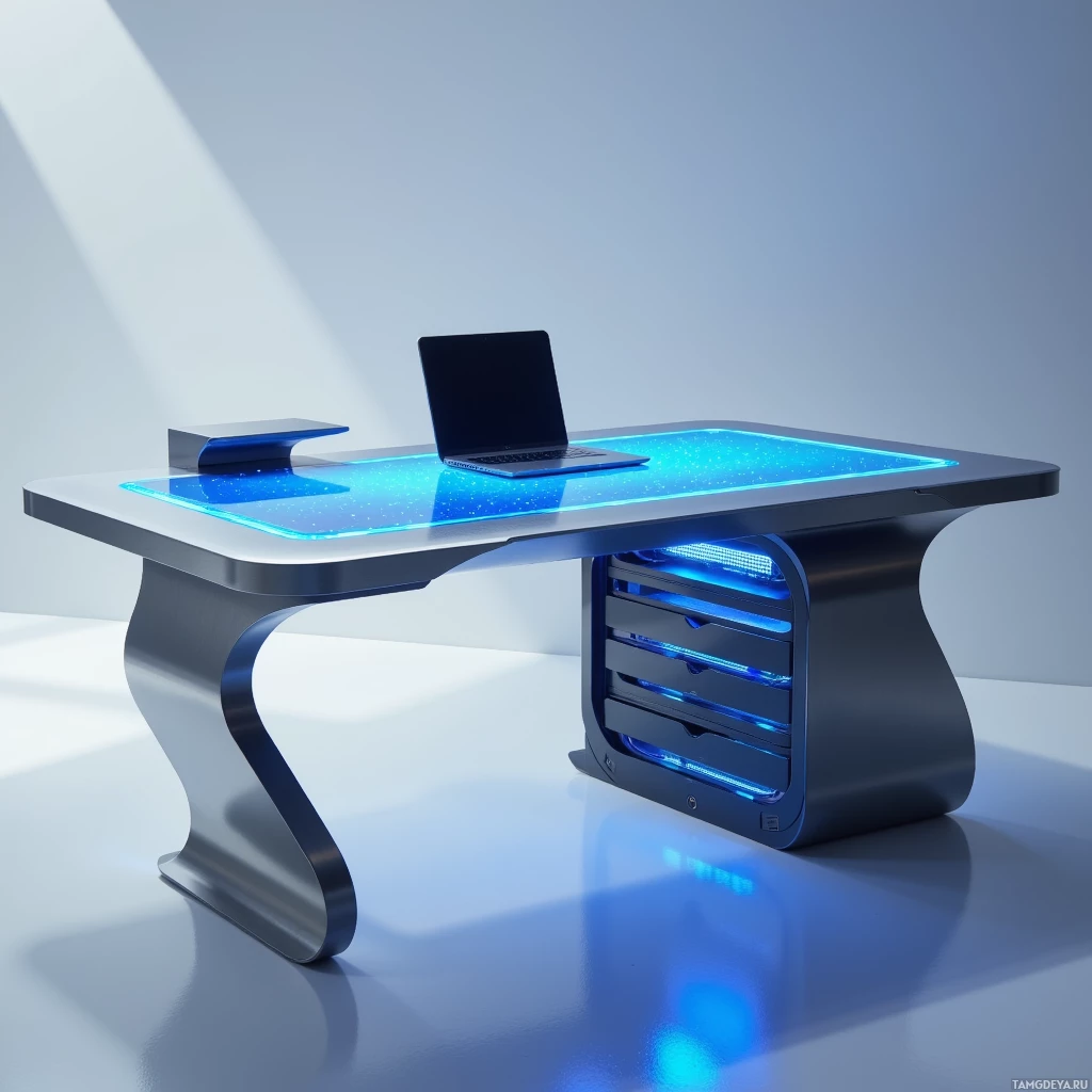 Semi-abstract image with many light, that is suitable for the post:  Sleek titanium frame desk with an integrated magnetic docking station, a curved OLED touch surface glowing in cool blue, and a modular RFID-enabled drawer system featuring transparent glass panels.