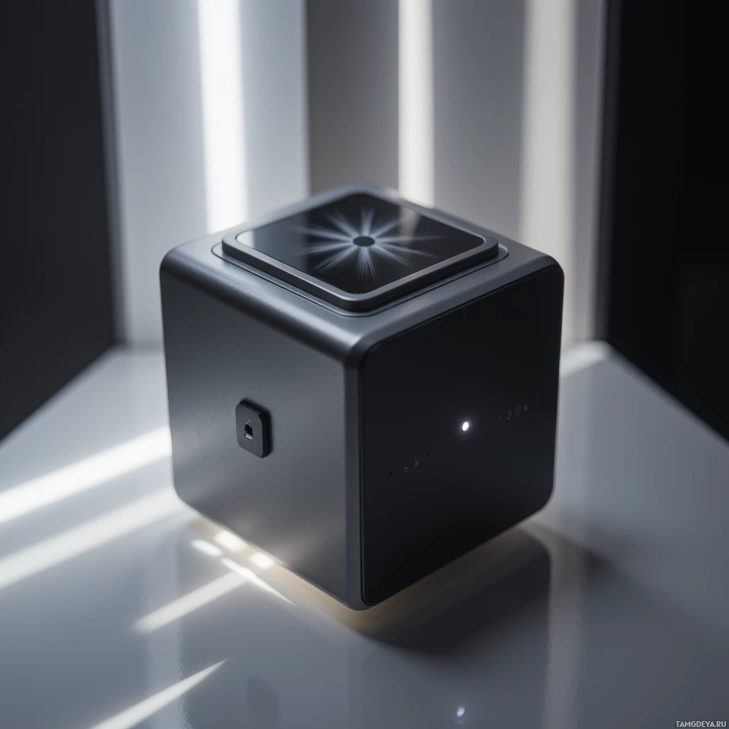Semi-abstract image with many light, that is suitable for the post:  A 20 mm matte aluminum cube with a black‑and‑white e‑ink display, a USB‑C port, a tiny lithium battery compartment, a single tactile button, and a subtle LED light, minimalistic industrial design.