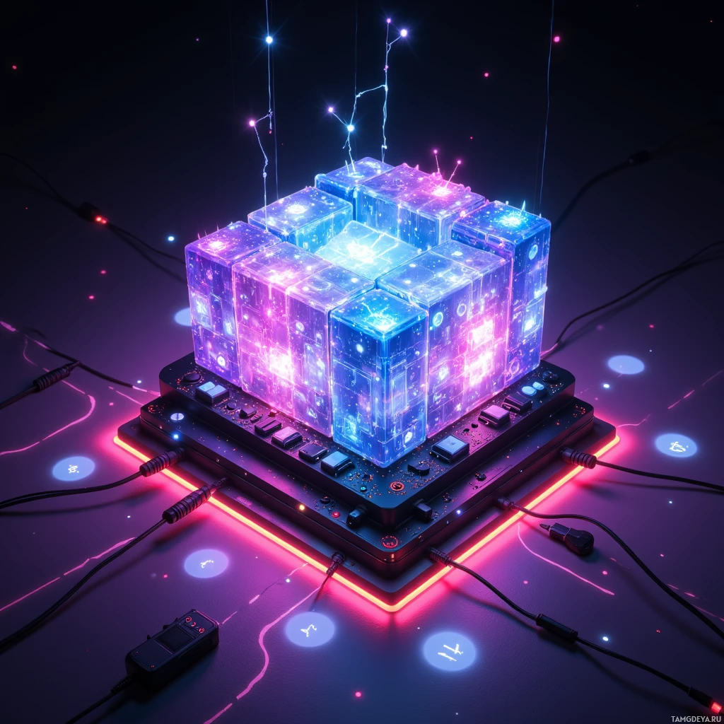 Semi-abstract image with many light, that is suitable for the post:  Ultra‑compact cube‑shaped synthesizer with a shimmering, semi‑transparent polymer surface that glows in sync with beats, folding out into a miniature 3‑D stage with floating touch panels that glow and reveal instrument icons.