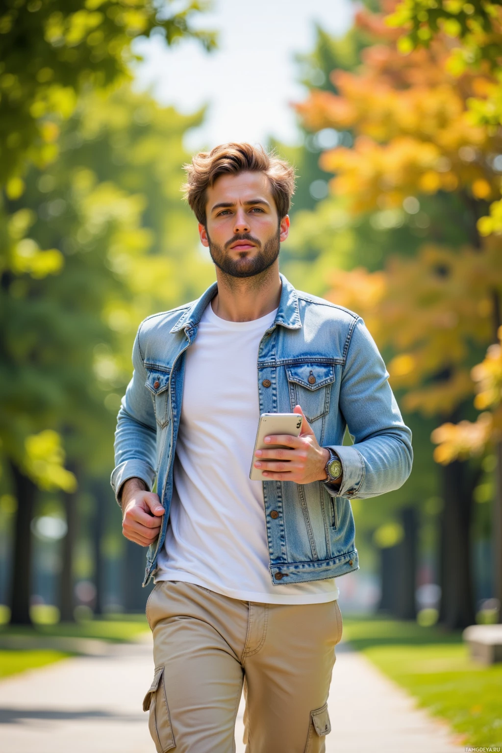 Realistic high quality photo. Young man, 21, white t-shirt under a light denim jacket, beige cargo pants, tousled light brown hair, bright blue eyes, jogging through a sunlit park while holding a protein bar and a tablet.