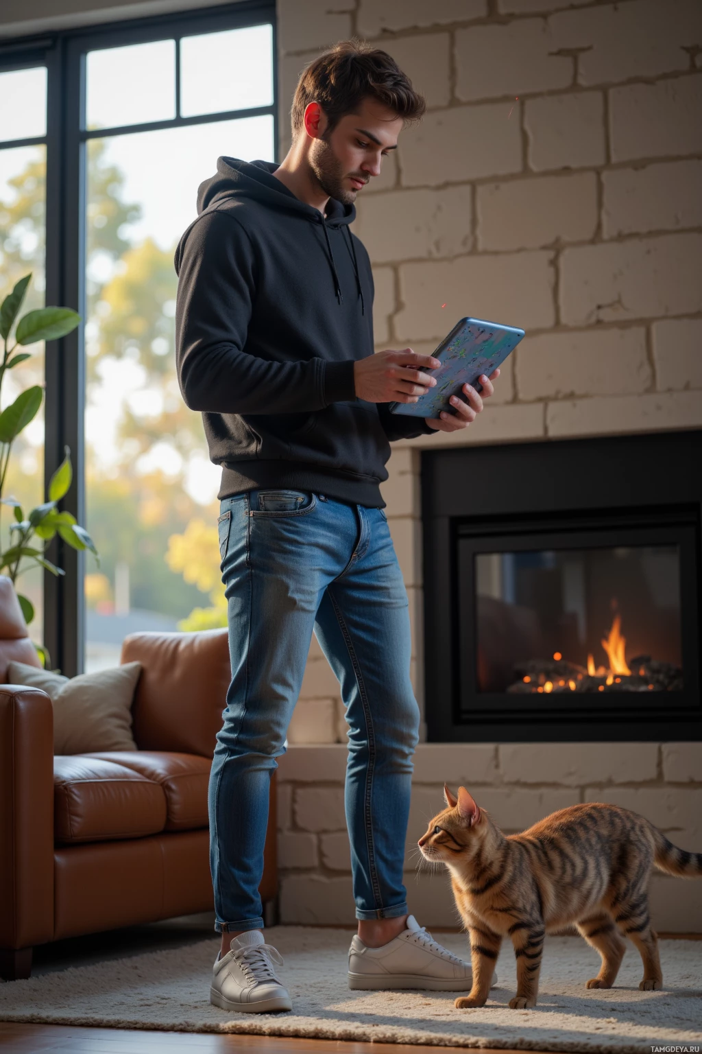 Realistic high quality photo. 35‑year‑old male, tall, brown hair, sharp blue eyes, pale skin, wearing a dark hoodie and jeans, serious expression, standing in a modern living room at afternoon holding a tablet mapping an optimal path, watching a cat with a laser pointer on the floor.