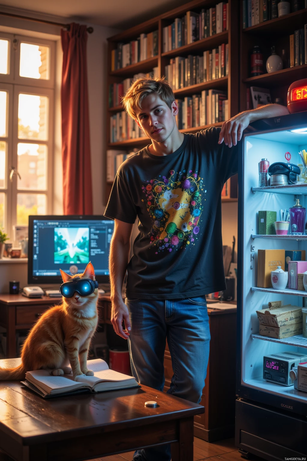 Realistic high quality photo. Male, 24, blonde tousled hair, clear blue eyes, pale skin, wearing a worn graphic t‑shirt and relaxed jeans, standing in a cluttered apartment at sunrise, holding a glitchy alarm clock, with a cat in a VR headset on a coffee table, a laptop screen showing tangled source code transformed into a tidy 90s synth playlist, a fridge display frozen on 8‑bit National Anthem, a TV streaming a cat‑video compilation, he leans casually against a bookshelf, notebook open to a 3‑line poem, grinning mischievously.
