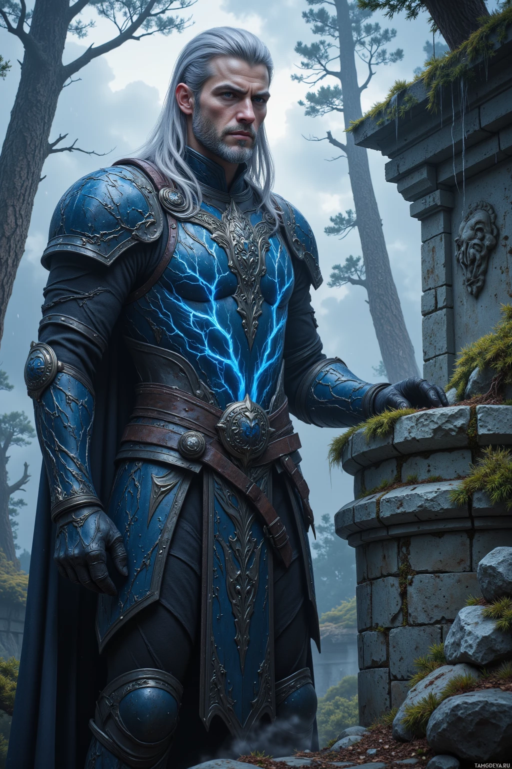 Realistic high quality photo. Male, 33, tall imposing figure with stormy gray hair, electric blue eyes, sharp jawline and determined gaze, wearing dark armor intricately etched with lightning patterns that crackle with energy, standing beside an ancient stone well in a pine forest after rain. sunlit cliffs and stormy sky in a fantasy world.