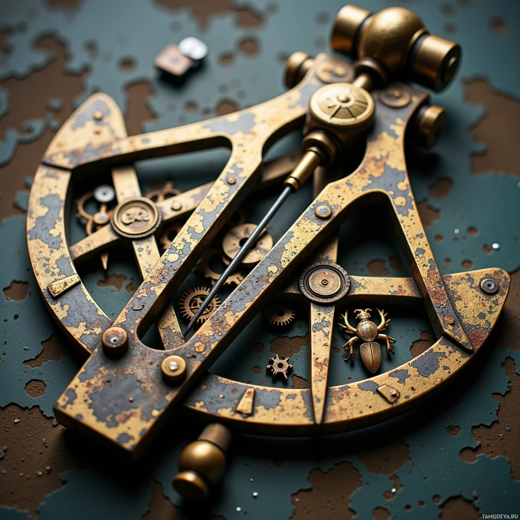 Semi-abstract image with many light, that is suitable for the post:  Rusted brass sextant with a needle, case encrusted with glimmering silver vein-like scratches, and tiny clockwork beetle gears etched into its frame.