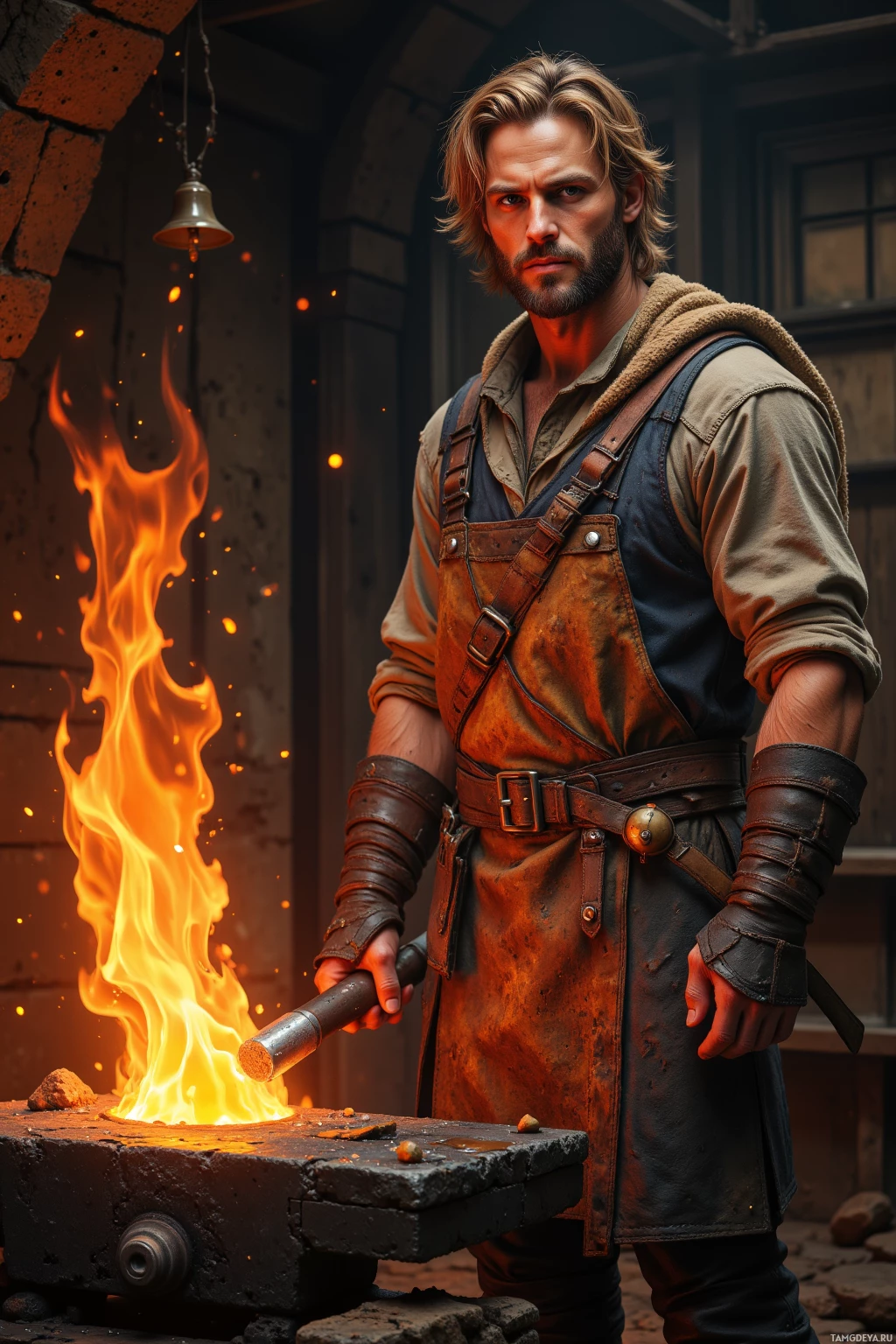 Realistic high quality photo. A 41‑year‑old male blacksmith with messy blonde hair, dark beard, piercing blue eyes, wearing a worn leather forge apron over an earth‑toned tunic and sturdy boots, stands beside a glowing forge with molten steel pouring onto an anvil while a bell rings.