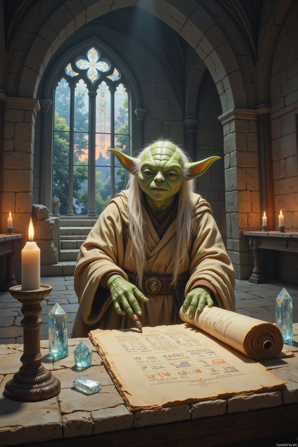 Realistic high quality photo. A small pale green-skinned Yoda with long light green hair, calm deep blue eyes, wearing flowing beige robes and a wooden cane, polishing crystal scrolls in a quiet stone temple hall with flickering candles, while attentive apprentices listen to a paradox and a faint rune glows among the scrolls as twilight light filters through stained glass.
