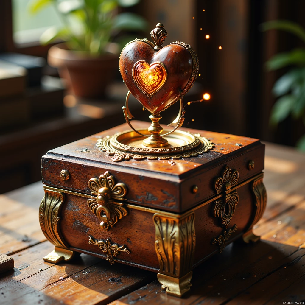 Semi-abstract image with many light, that is suitable for the post:  A weathered brass music box made from reclaimed cedar stained by river water, featuring a finely carved wooden heart, a miniature hand‑crafted tuning fork emitting a warm metallic glow, and intricate brass filigree accents.