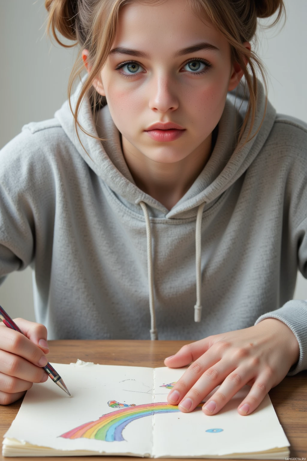 Realistic high quality photo. Young woman, 20, light brown curly hair in twin buns, bright blue eyes, pale skin, wearing an oversized casual hoodie, sketching a rainbow tail on a torn notebook page, afternoon light, restless hands in motion, playful and determined expression.