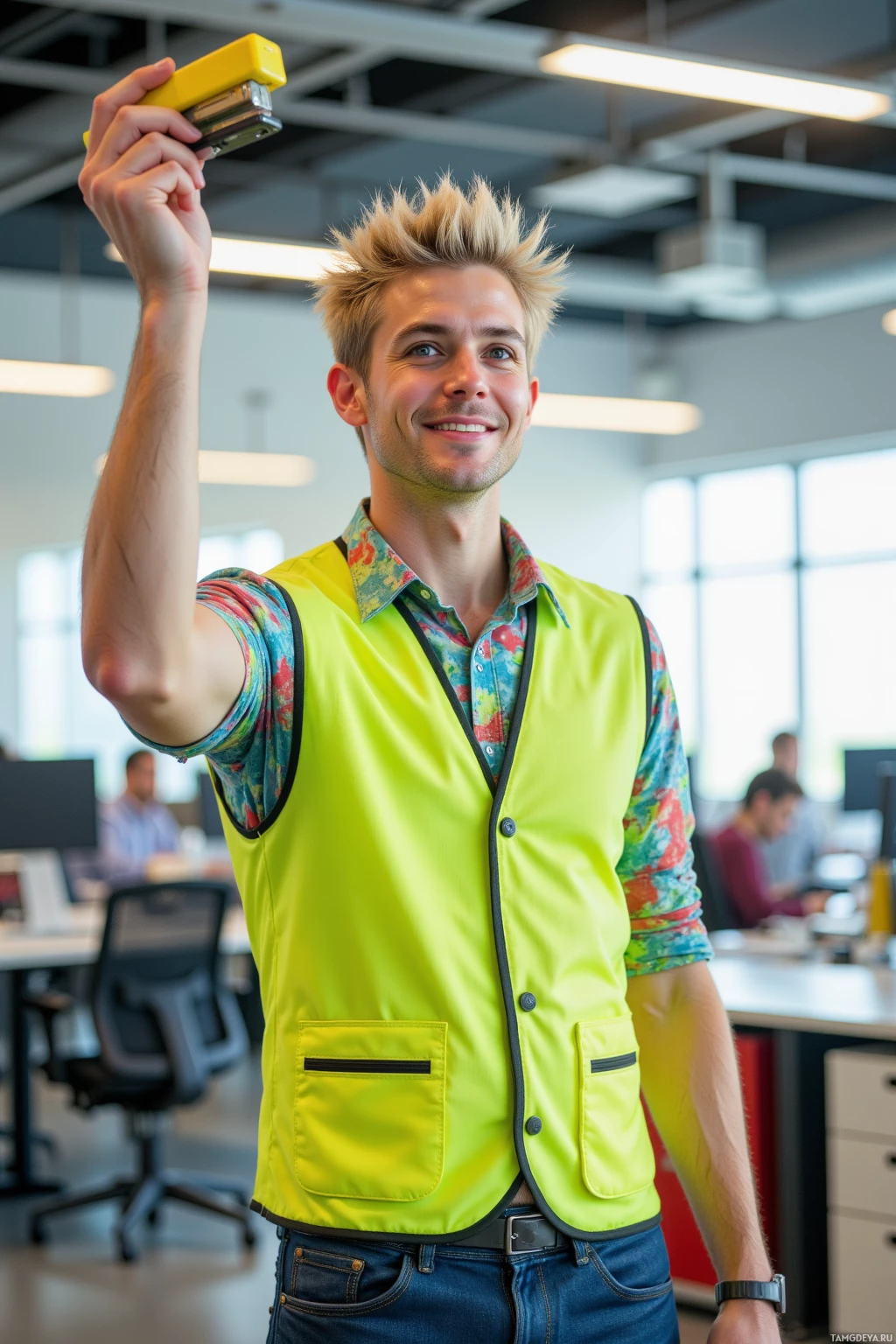 Realistic high quality photo. Tall man with spiky blonde hair, bright blue eyes, playful grin, wearing a bright neon vest and colorful casual clothes, juggling office staplers in a bright modern office, under natural daylight.