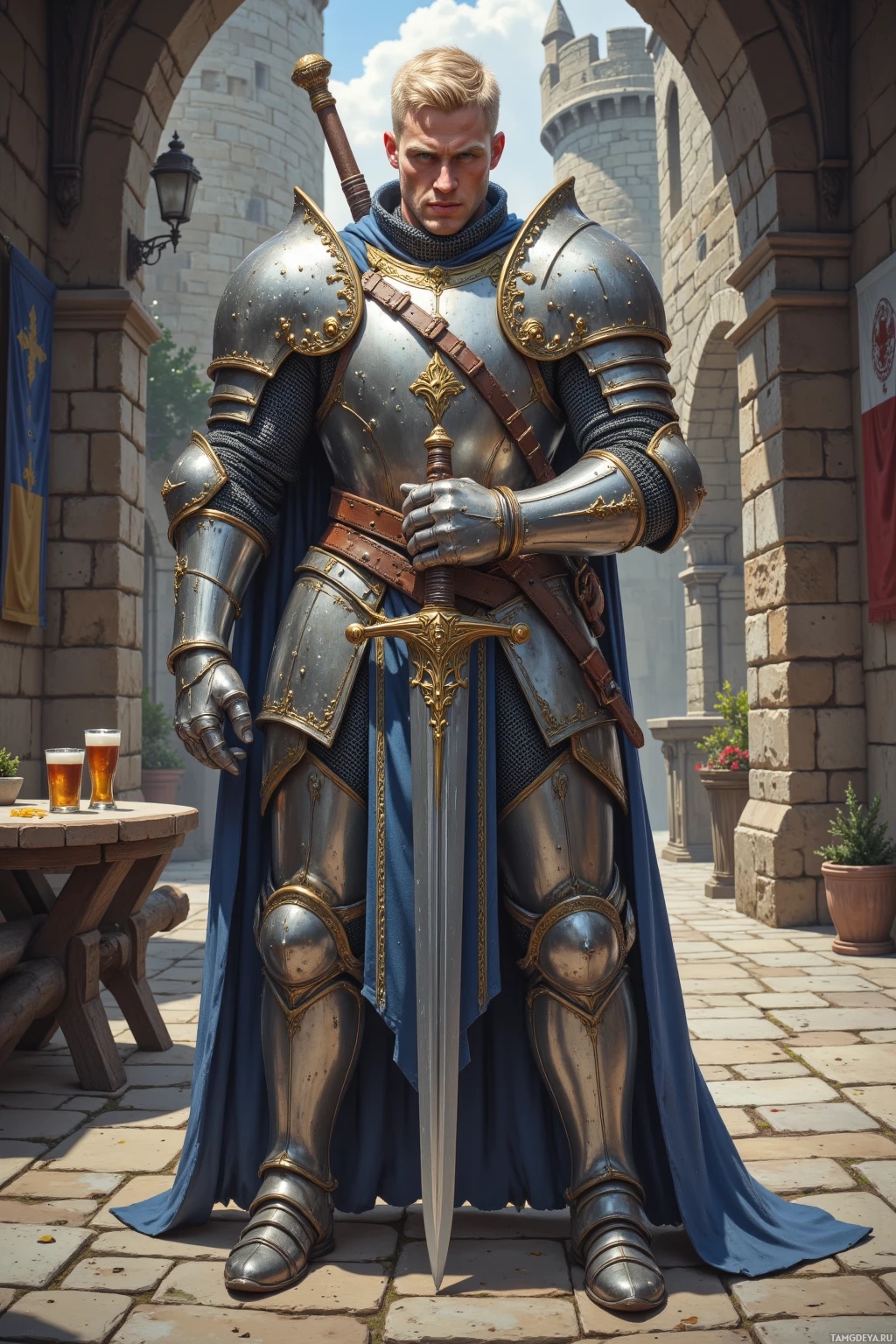 Realistic high quality photo. A broad-shouldered male knight, 30, pale skin, short blonde hair, sharp blue eyes, wearing ornate silver armor with gold trim and an oversized sword strapped to his back, sternly inspecting his steel in a stone castle courtyard at midday, a table with spilled ale, banners hanging from tall stone walls and castle gates in the background.