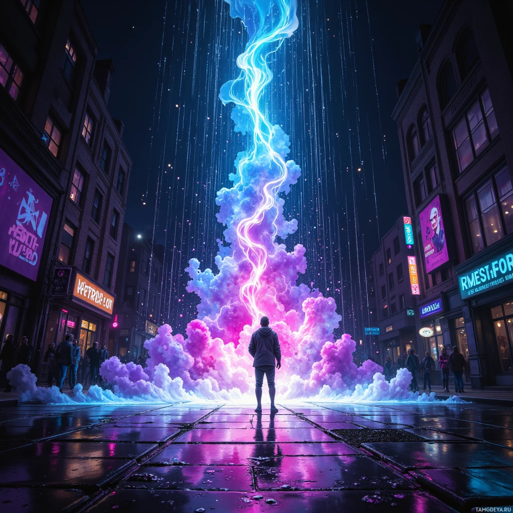 Semi-abstract image with many empty light space at center of beautiful background, that is suitable for the post:  The city’s neon rain drips like unsung sax notes, each splash a secret longing I keep humming in shadows.