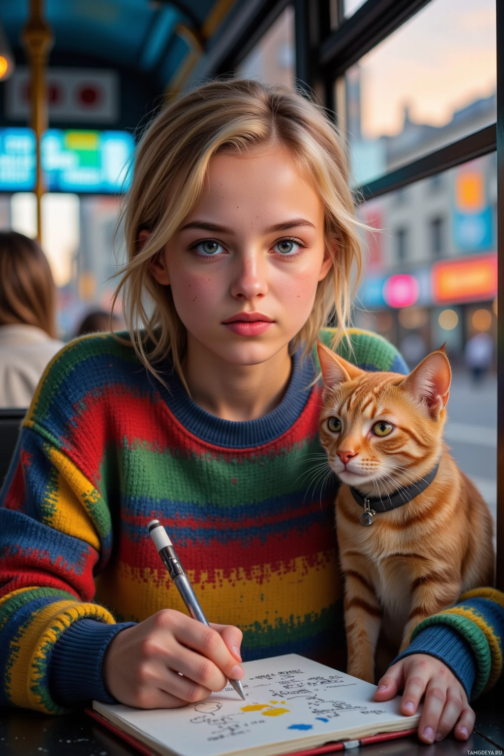 Realistic high quality photo. Female, 24, messy strawberry blonde bob, blue‑green eyes, light freckles, wearing a colorful oversized sweater, sitting in a city bus at sunset, sketching on a notebook while a stray cat with a tiny director's headset demands a standing ovation, colorful street signage glowing in the background, modern realistic interior, warm light filtering through windows.