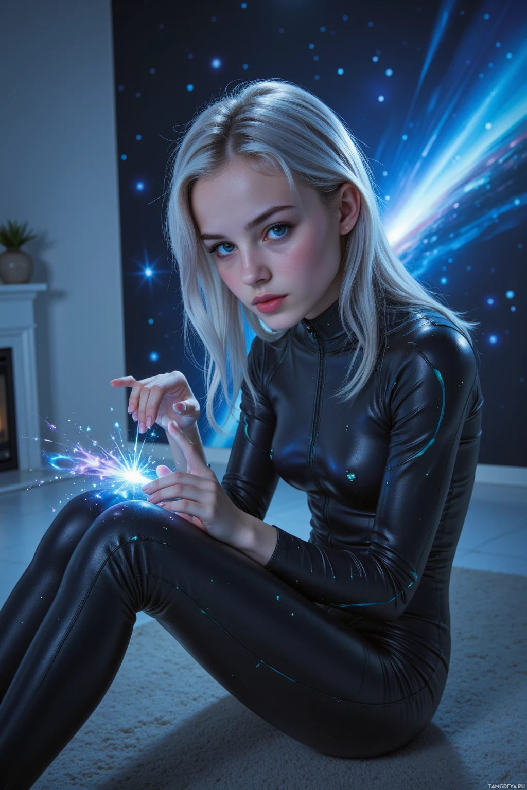 Realistic high quality photo. Female 22-year-old with silver hair, blue eyes, pale skin, wearing a sleek cosmic-themed jumpsuit with subtle glowing patterns, seated in a futuristic living room projecting a holographic alien signal as her cat gently paws at it, with a comet trail streaking across the wall and an ambient starry glow illuminating the scene.