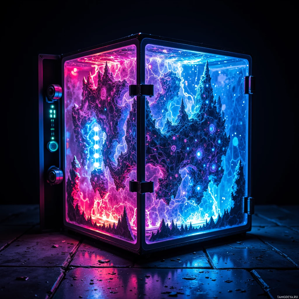 Semi-abstract image with many light, that is suitable for the post:  Translucent hexagonal case with a 32×32 RGB LED grid displaying a pulsing 8‑bit dungeon map, faint etched sprite silhouettes on its surface, a mechanical keypad with a hidden password sequence, and precise metal hinges, all glowing in retro pixel art light.