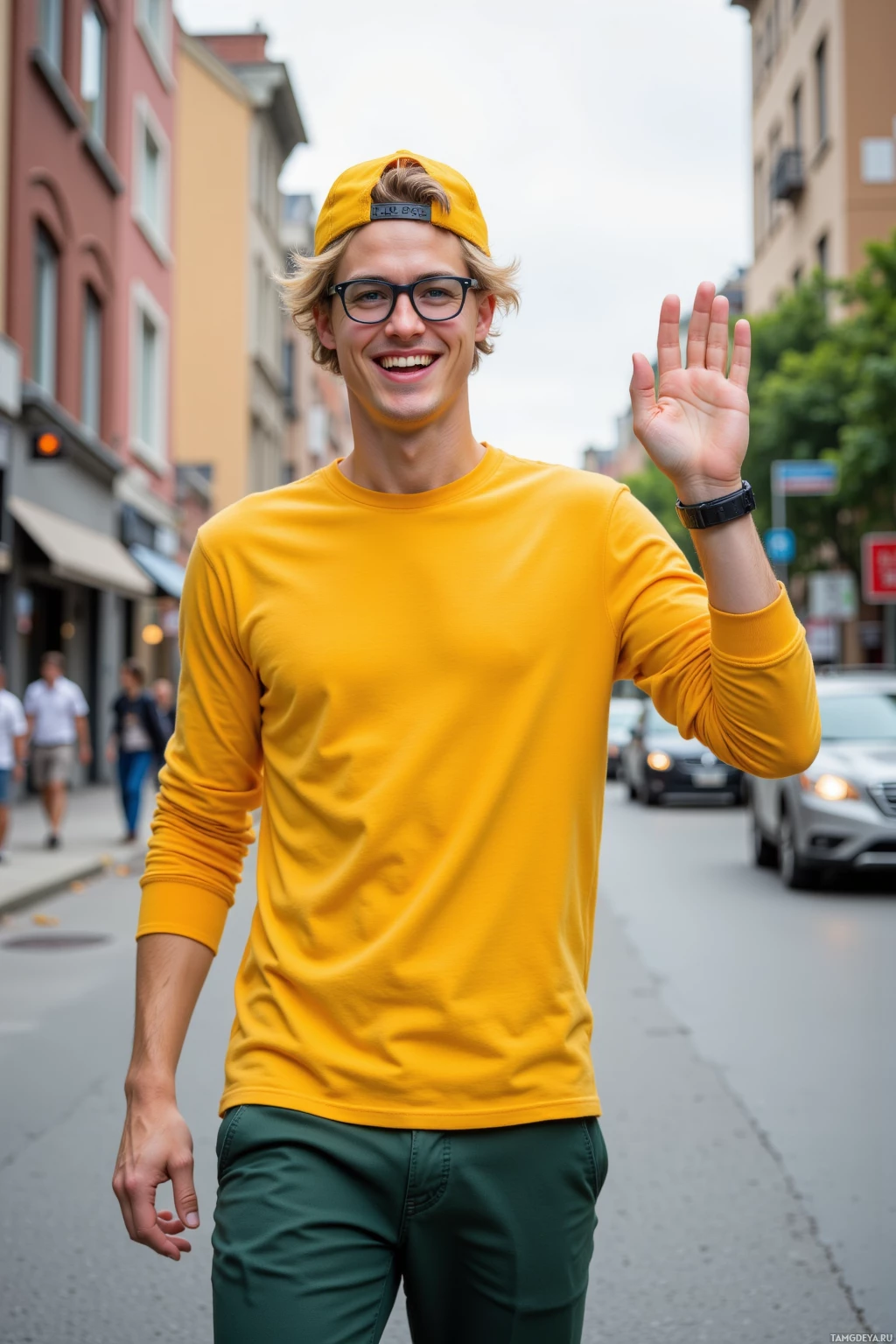 Realistic high quality photo. Tall, goofy 25‑year‑old male with tousled blonde hair, messy yellow cap, bright blue eyes behind wire‑rimmed glasses, wearing a bright yellow shirt and dark green chinos, standing on a gray street at midday, smiling broadly and waving a hand in a playful, comedic pose.