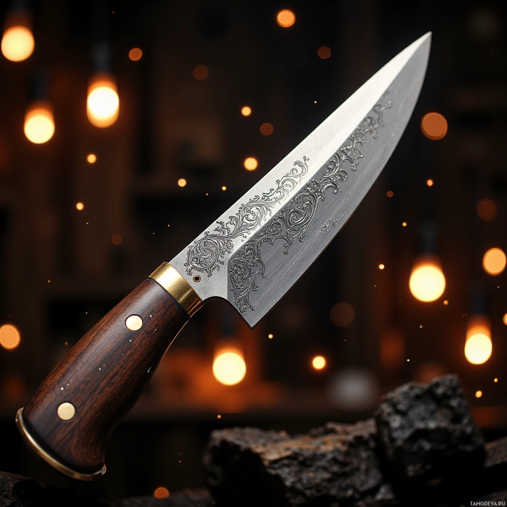Semi-abstract image with many light, that is suitable for the post:  hand‑forged steel knife with a polished gleaming blade etched, dark walnut handle, small brass guard, balanced and sleek design.
