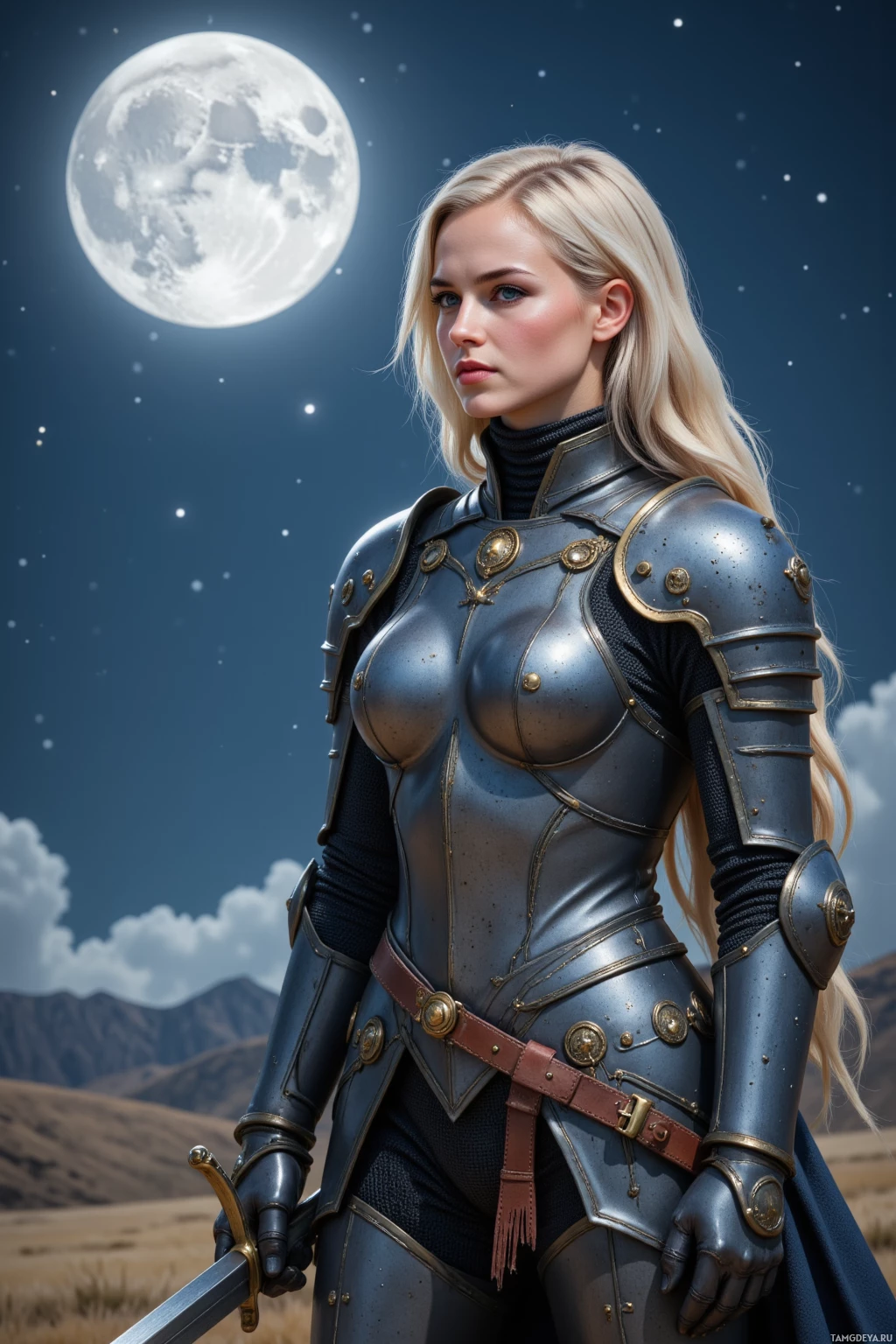 Realistic high quality photo. Tall, blonde woman in spiked armor stands on a moonlit training ground, calm and commanding, sword poised under a pale moon and glittering stars, echoing disciplined resolve in a fantasy battlefield.