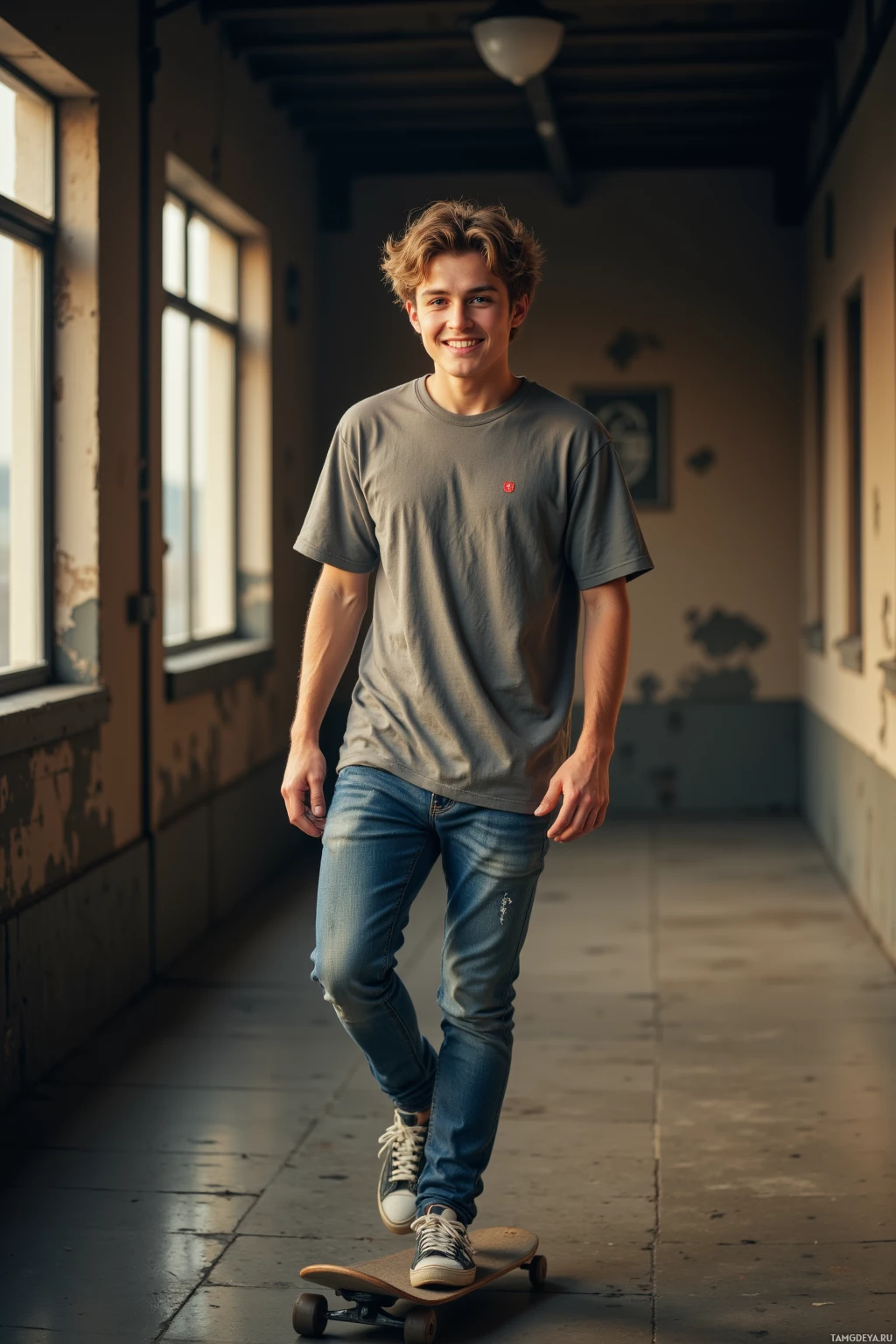 Realistic high quality photo. Young man, 24, messy tousled hair, green eyes, sun‑kissed complexion, wearing a casual streetwear tee, jeans, sneakers, grinning mischievously, skateboarding in a dimly lit hallway with morning light.