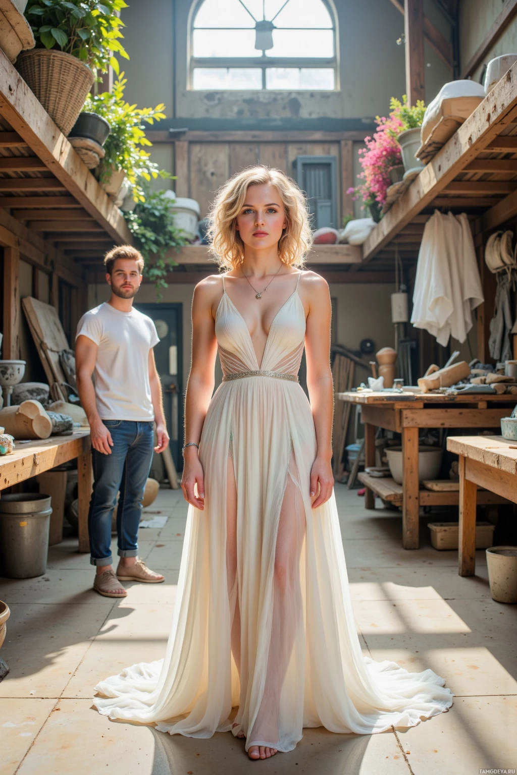 Realistic high quality photo. A 34-year-old woman with curly blonde hair and bright blue eyes, fair skin glowing, wearing a flowing iridescent white dress and swirling necklace stands in a sunlit eco‑friendly atelier lined with racks of discarded rain‑catcher canopies; she is laser‑cutting a runway sheath from recycled fibers while her partner watches nearby, both surrounded by tools, reclaimed materials, and natural daylight.