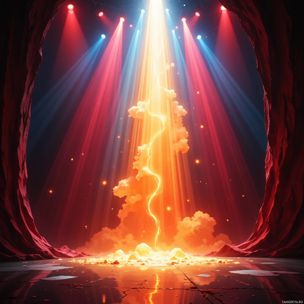 Semi-abstract image with many empty light space at center of beautiful background, that is suitable for the post:  The spotlight is my bloodstream, pulsing through veins of fire and velvet, feeding the roar of applause.