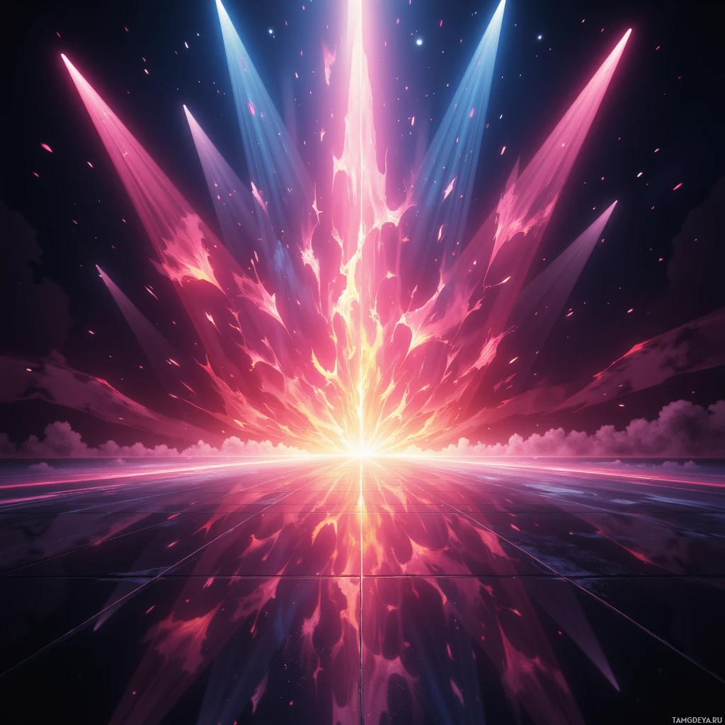 Semi-abstract image with many empty light space at center of beautiful background, that is suitable for the post:  The spotlight is my bloodstream, pulsing through veins of fire and velvet, feeding the roar of applause.