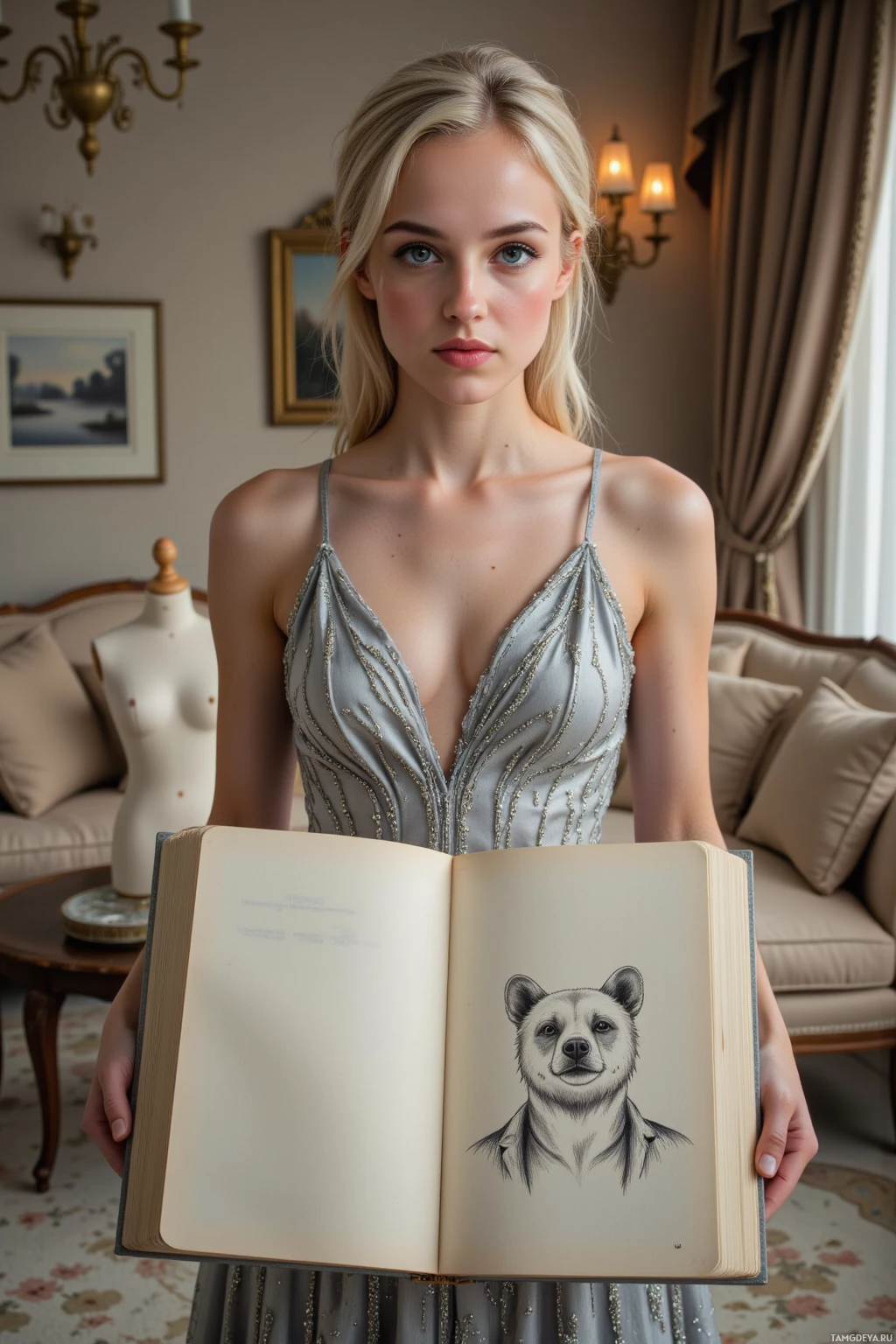 Женщина в платье держит раскрытую книгу с рисунком медведя.