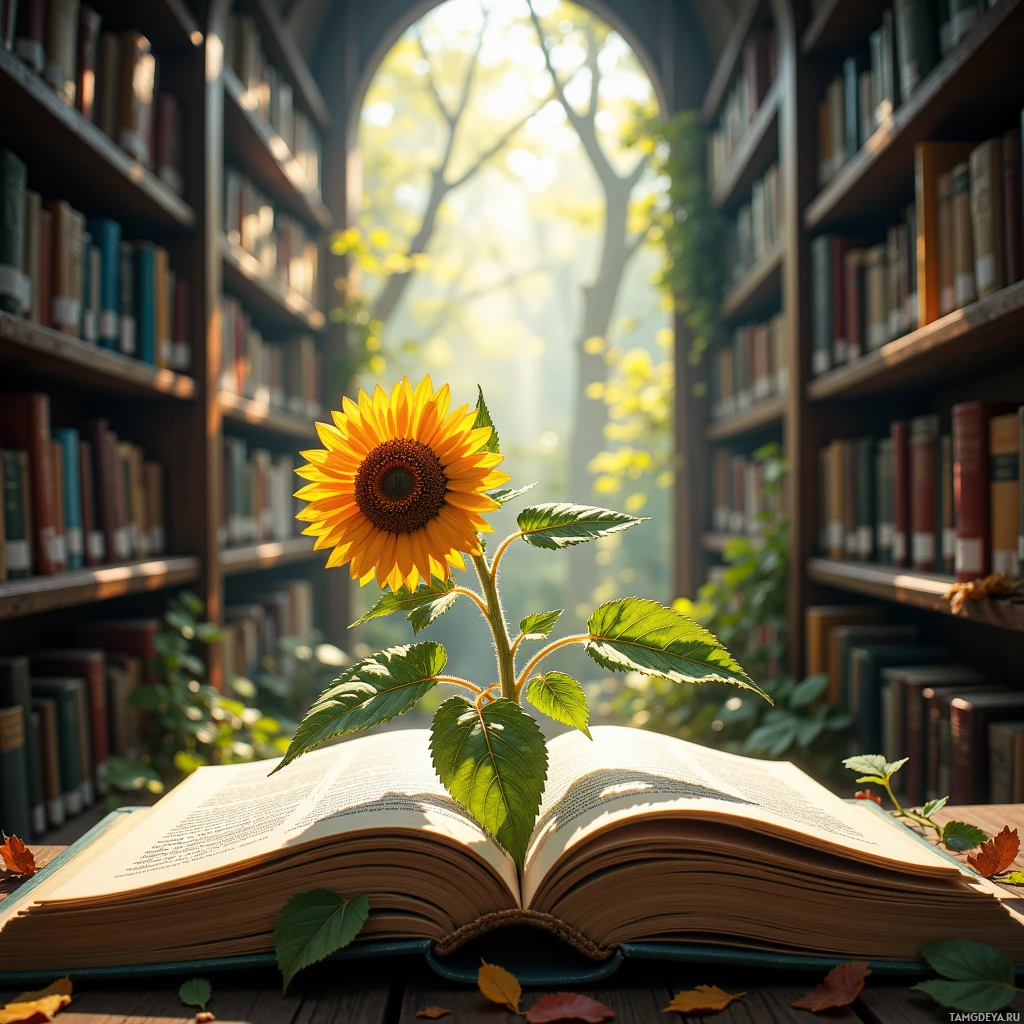 Открытая книга, из которой прорастает подсолнух, в библиотеке.