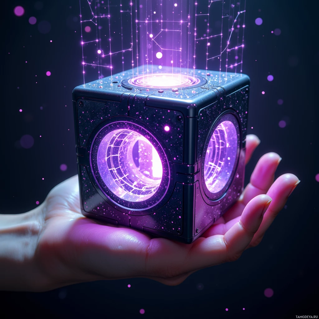 Semi-abstract image with many light, that is suitable for the post:  Handheld neural decryption cube with a seamless carbon-fiber shell, glowing violet when scanning, revealing a lattice of nano‑optics beneath its clear surface and projecting a translucent holographic matrix for gesture control in a sleek futuristic design.
