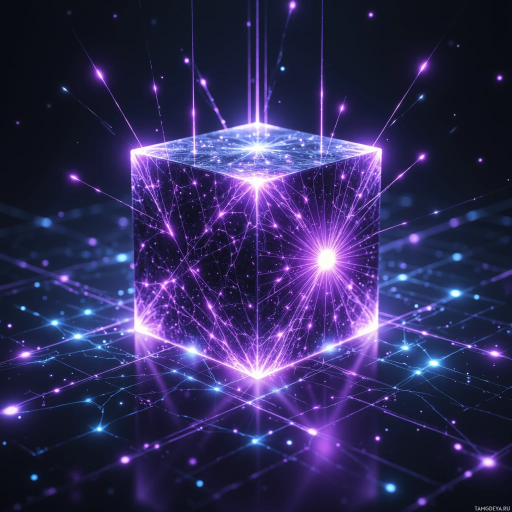 Semi-abstract image with many light, that is suitable for the post:  Handheld neural decryption cube with a seamless carbon-fiber shell, glowing violet when scanning, revealing a lattice of nano‑optics beneath its clear surface and projecting a translucent holographic matrix for gesture control in a sleek futuristic design.
