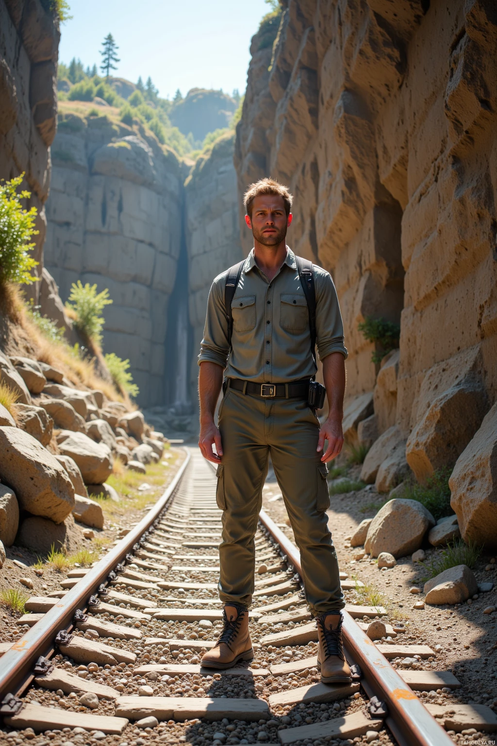 Realistic high quality photo. 33-year-old man with short light brown hair and green eyes in a breathable hiking shirt, durable pants, sturdy boots, standing on a gravel trail through an old quarry where sun creates lattice shadows on cracked stone aligned with old railroad tracks.