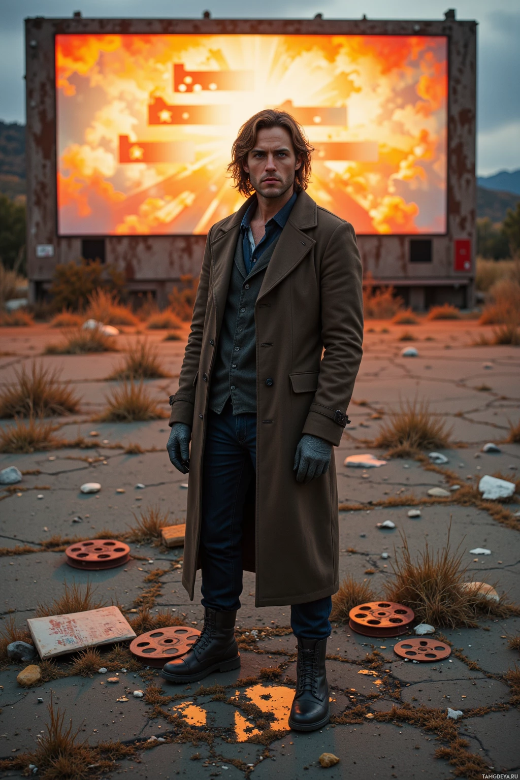Realistic high quality photo. Man, 47, shoulder-length light brown hair, green eyes, pale skin, angular face, wearing a long vintage coat and fingerless gloves, working alone at an abandoned drive‑in theater in the afternoon, deconstructing a faded orange glow from the weathered marquee while layering vintage film reels and glitch art onto dusty concrete.