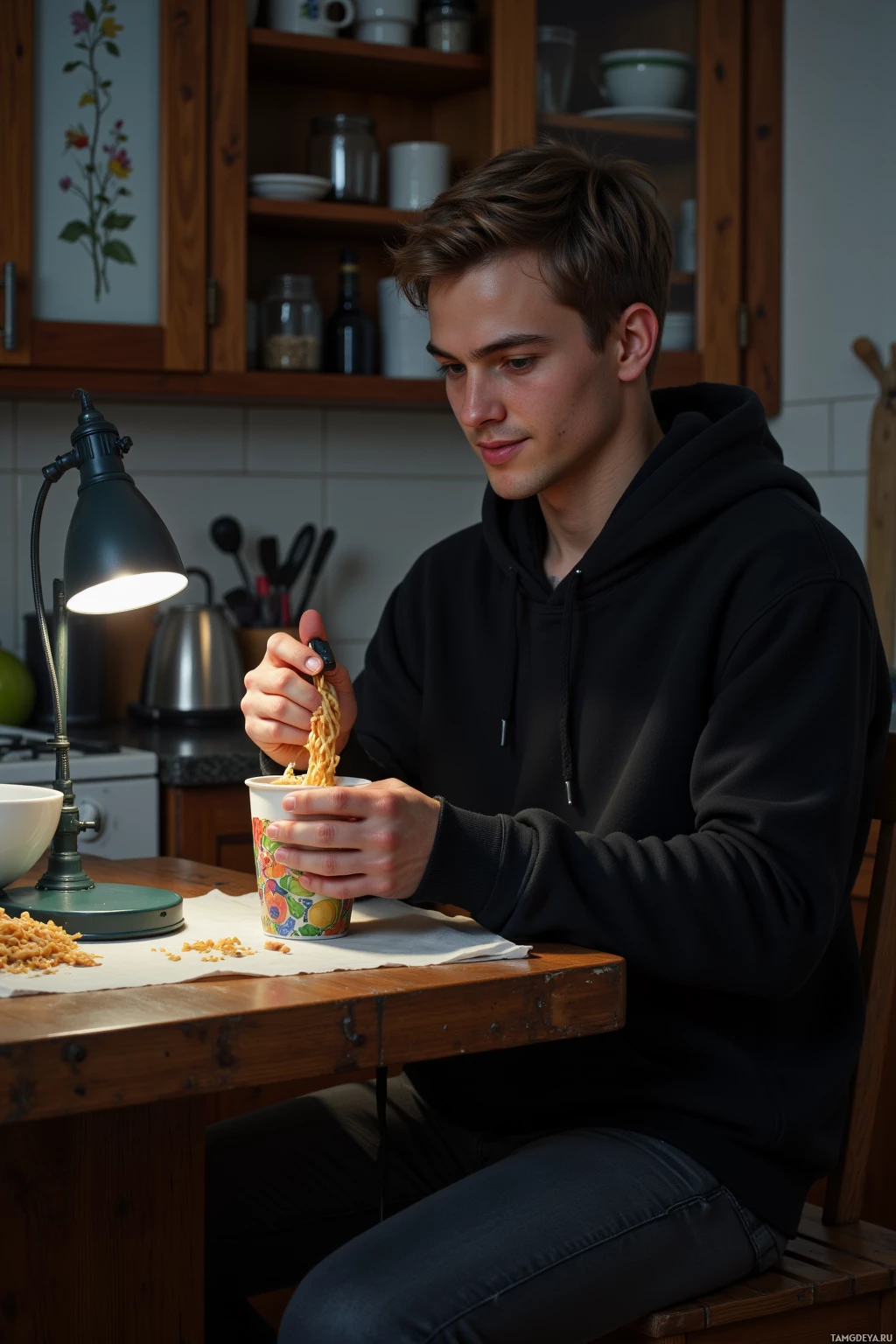 Realistic high quality photo. Young man, 20, short light brown hair, blue eyes, wearing a simple black hoodie and loose casual pants, repairing a broken lamp with a USB charger in a modest kitchen at late afternoon, smiling as he eats instant noodles, lamp glowing faintly on a kitchen table with a cup of noodles, subtle ambient lighting.